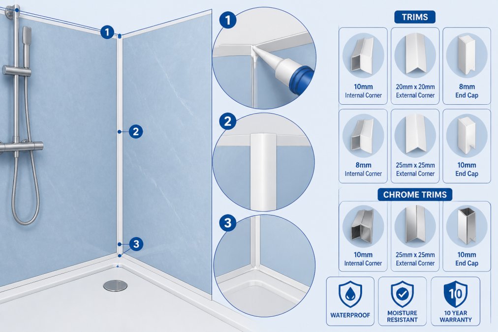 Close-up of bathroom shower corner showing properly sealed waterproof panel joints with silicone sealant application and trim installation