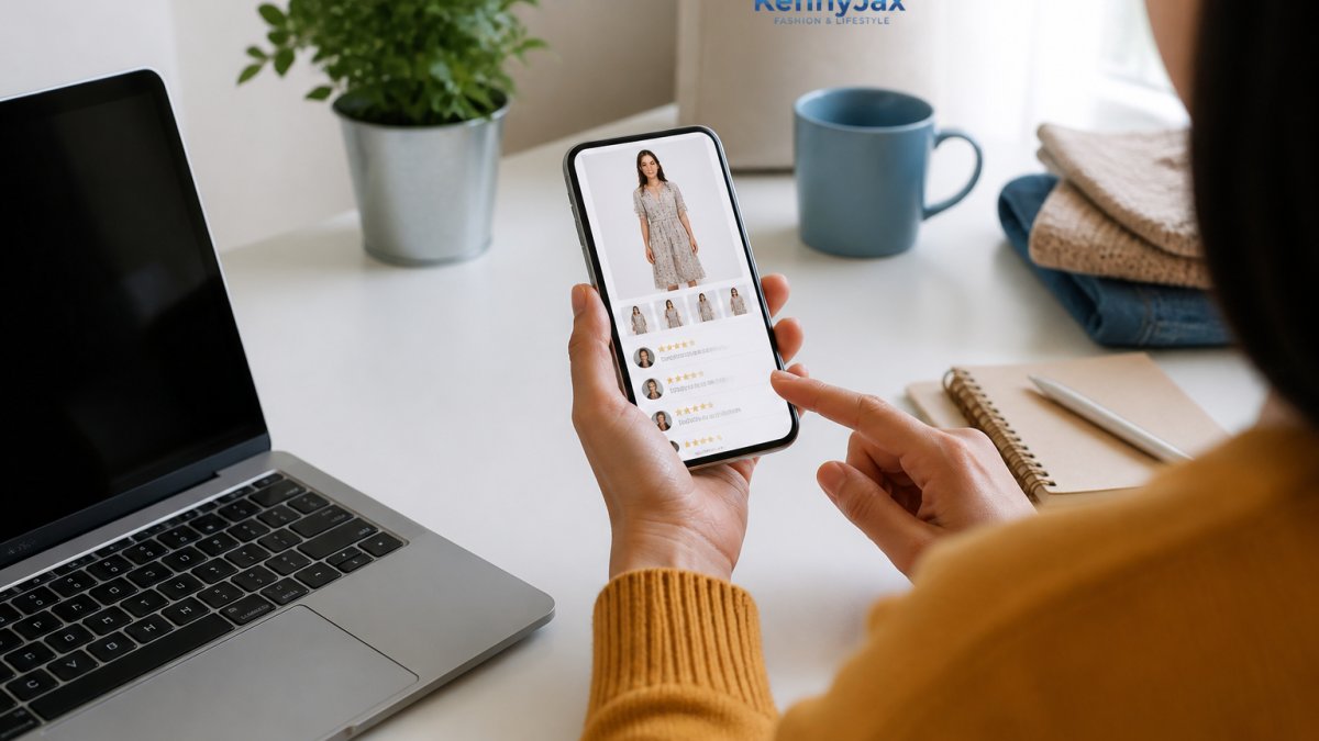 Person reviewing online clothing store reviews and photos on a smartphone at a minimalist desk