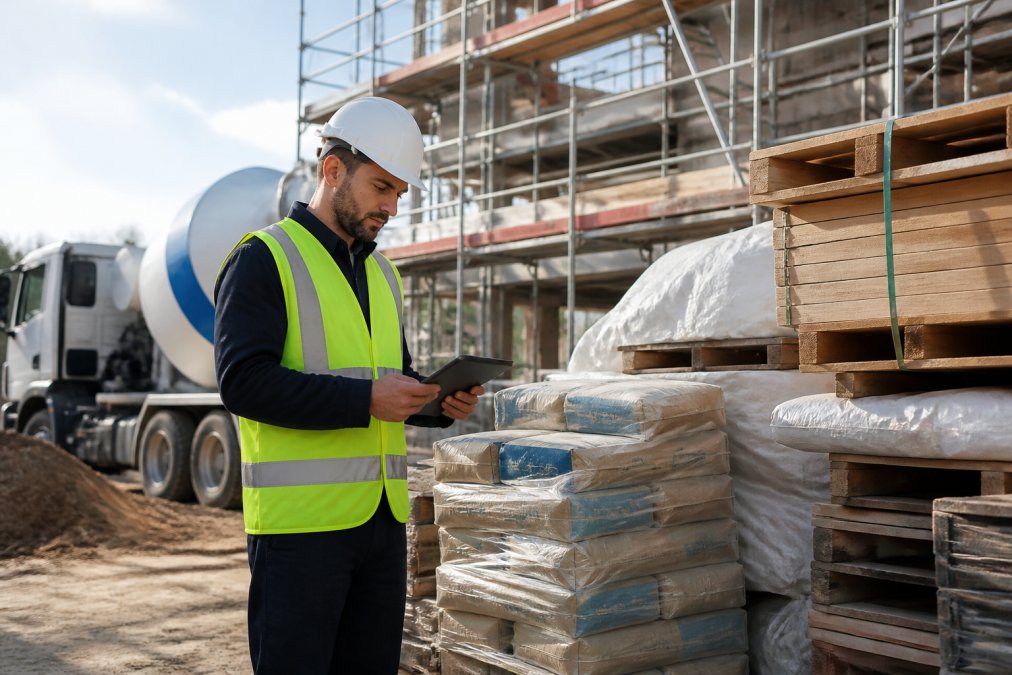A site manager in a hard hat reviewing a delivery schedule on a tablet while standing beside stacked construction supplies on a Sydney building site, morning light, wearing a hi-vis vest, with a concrete mixer and scaffolding visible in the background