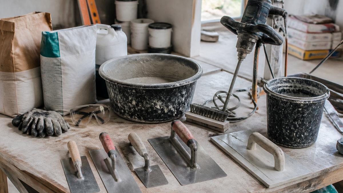 Contractor workbench with hand tools, trowels, and concrete repair supplies arranged neatly on a jobsite
