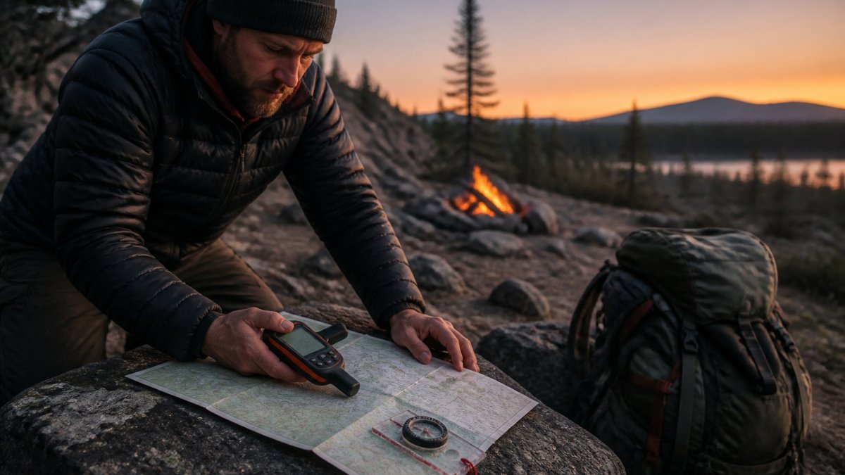 A camper at a remote bush campsite at dusk laying out a handheld GPS device, a folded topographic paper map, and a compass on a flat rock beside a backpack