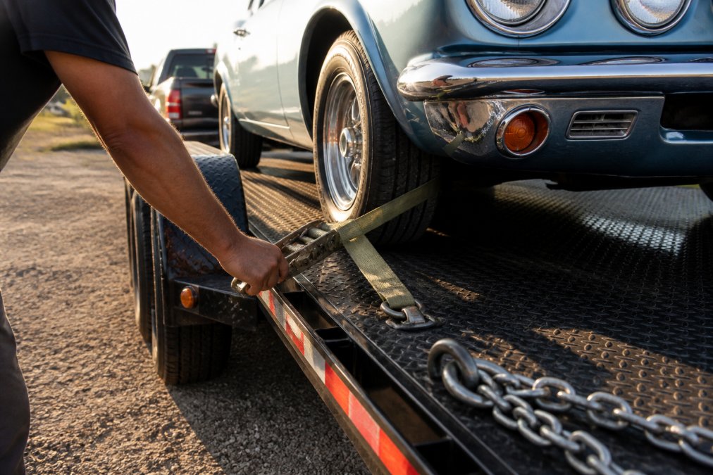 Close-up of a hand tightening a ratchet tie-down strap on a car trailer loaded with a classic car, safety chains visible in the foreground, late afternoon sunlight