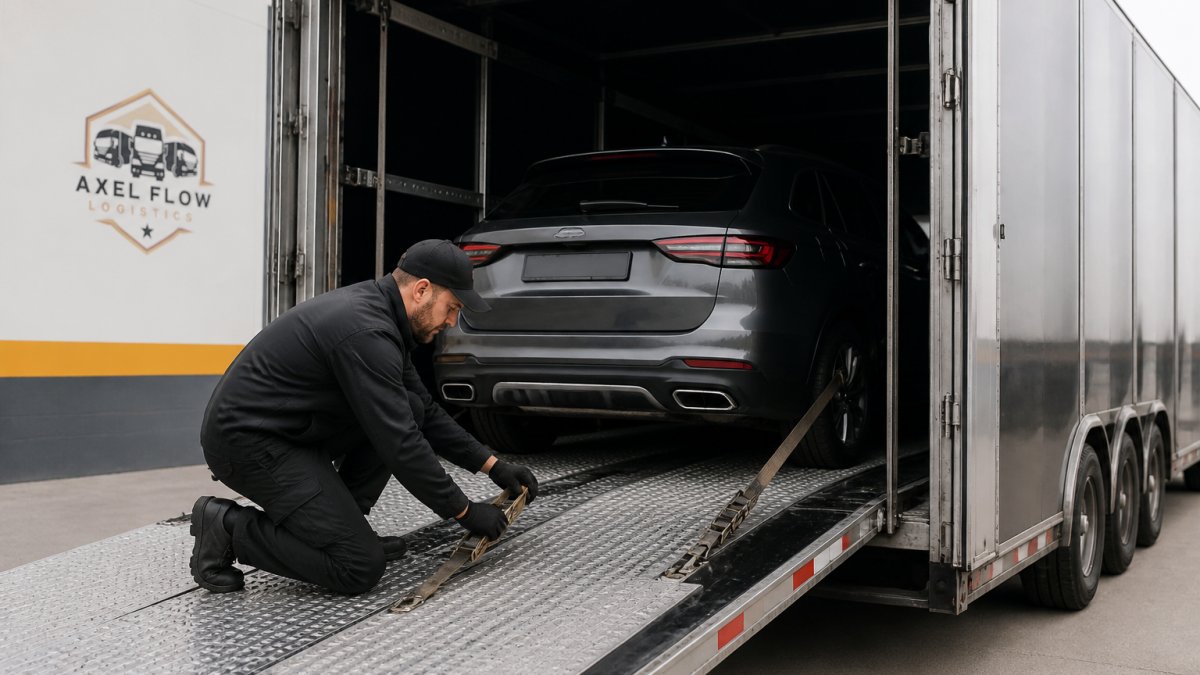 Professional auto transport carrier carefully loading a vehicle onto an enclosed trailer with secure strapping and proper handling procedures visible, showing precision and care in vehicle placement