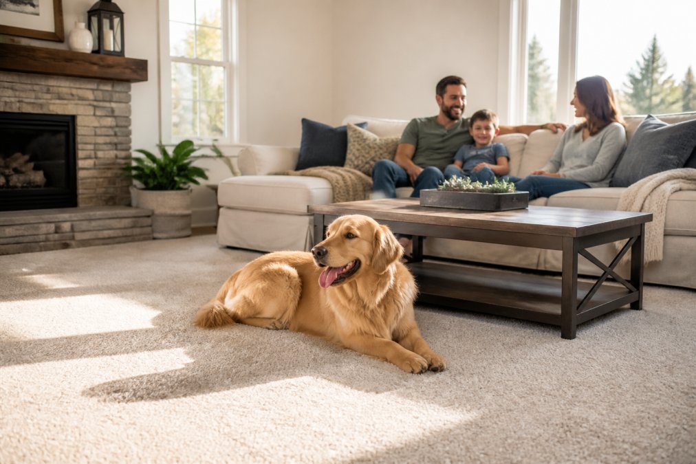 A family relaxing in a bright living room with clean, plush carpet, sunlight streaming through large windows, a golden retriever resting on a rug near a coffee table