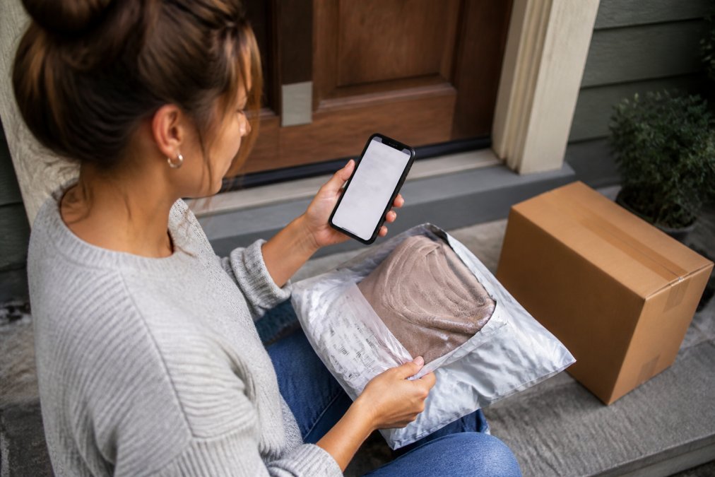 A person opening a delivered clothing package on a doorstep, holding a smartphone showing a tracking confirmation screen, with a shipping box nearby