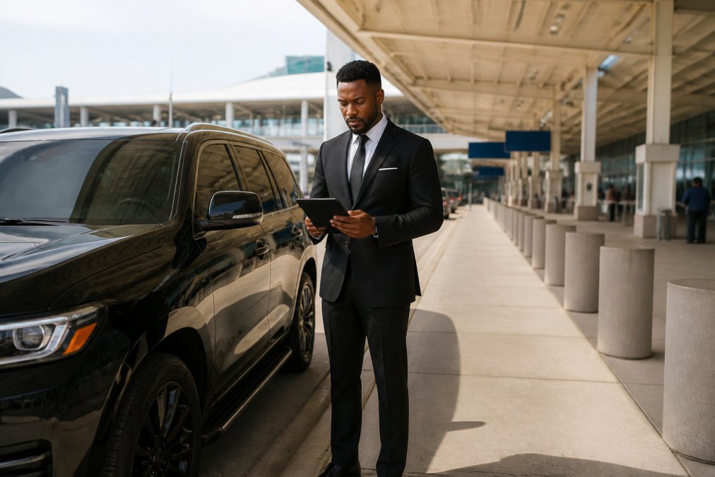 A professional chauffeur in a black suit standing beside a black luxury SUV at Charlotte Douglas International Airport curbside, holding a tablet with flight information, with the airport terminal in the background
