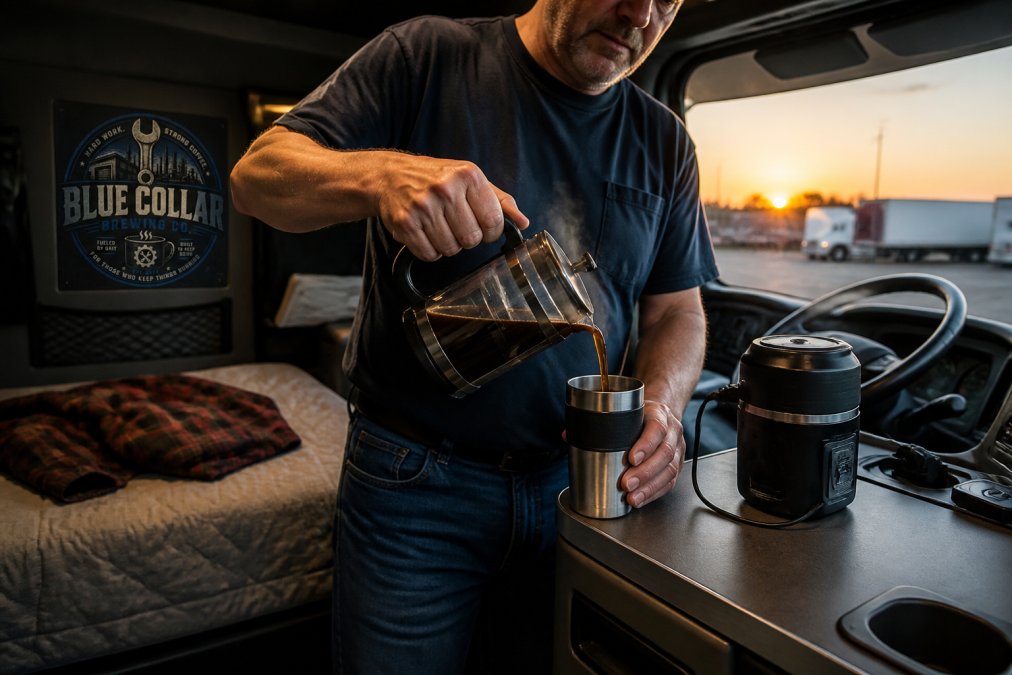 A truck driver's hands pouring hot coffee from a small portable French press into a stainless steel travel mug on a compact counter inside a semi truck sleeper cab, with a 12-volt power cord visible nearby and early morning light through the windshield