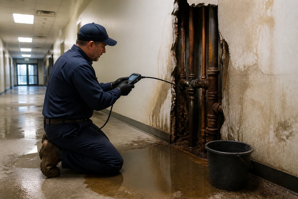 Certified plumber in work uniform using diagnostic equipment to assess burst pipe and water leak in commercial facility hallway, with visible water damage on walls