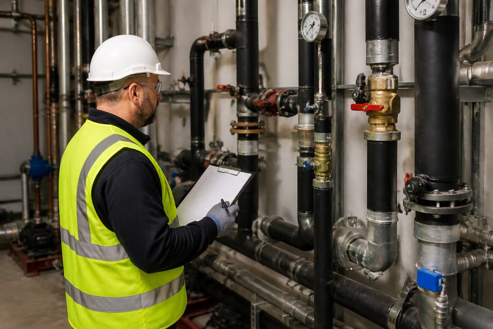 Experienced technician in safety vest inspecting commercial building's plumbing fixtures, valves, and water lines with checklist clipboard in mechanical room with visible pipes and gauges