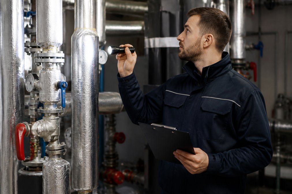A professional commercial plumber in branded workwear inspecting pipework in a modern office building plant room, holding a clipboard and torch