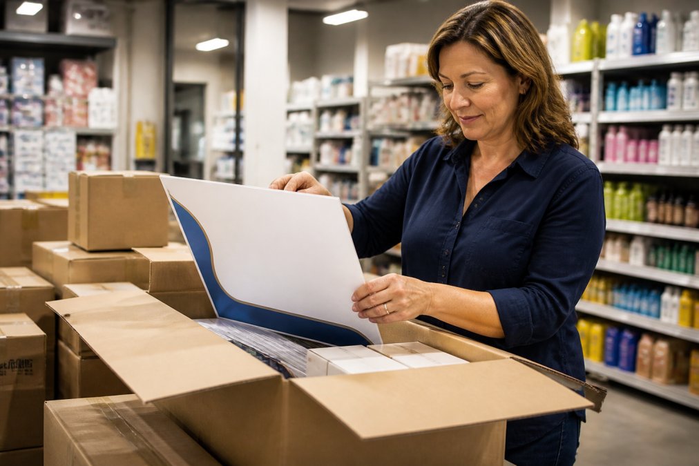 A retail operations manager in a stockroom opening a shipment of branded boxes and signage, with store shelves visible in the background