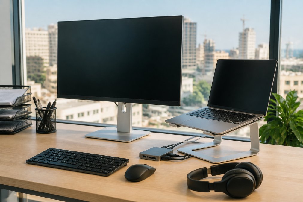 A modern Beirut office desk featuring gear from our computer accessories store, including a monitor and laptop riser.
