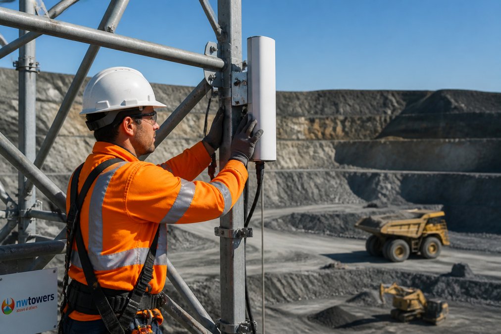 Technician installing a rugged antenna on a mining tower to ensure reliable industrial connectivity in remote sites.