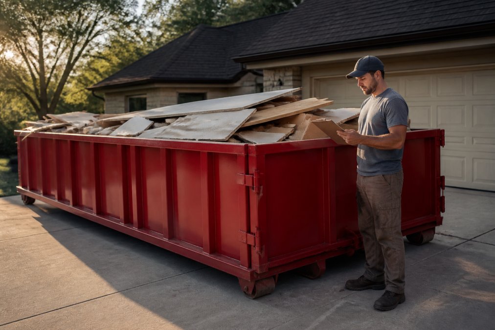 A 20-yard roll-off dumpster sitting on a residential driveway, filled with drywall scraps and lumber, a contractor in work clothes standing beside it reviewing a clipboard in late afternoon light