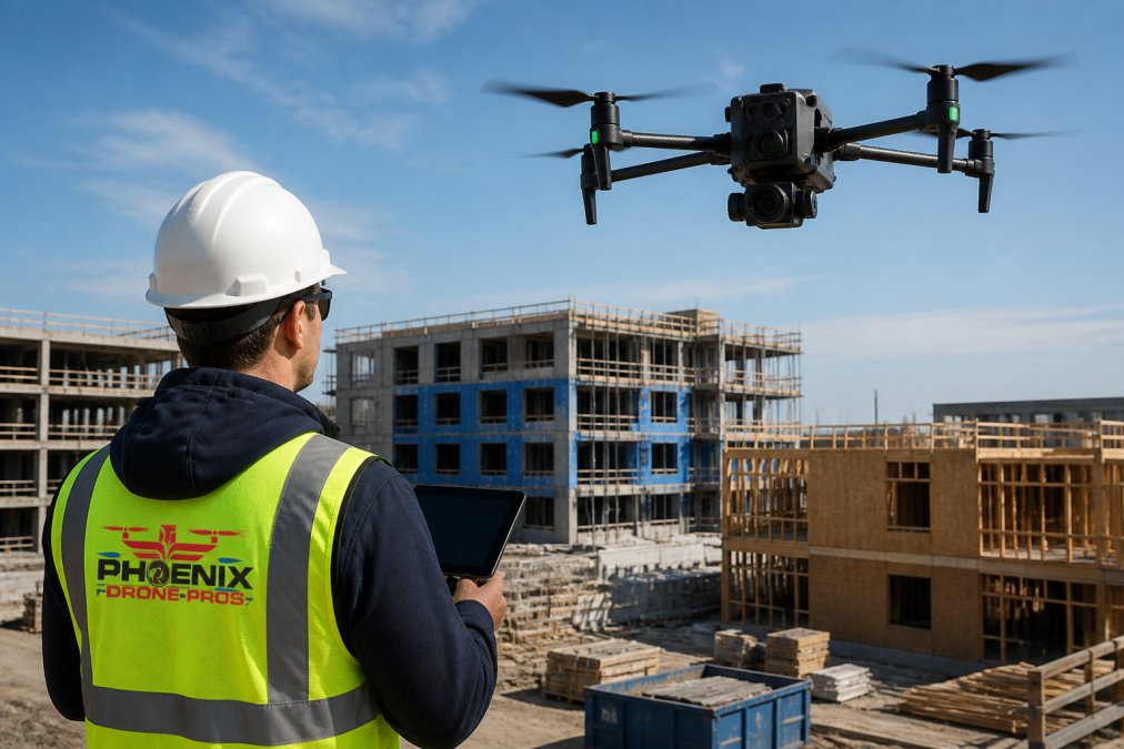 Commercial drone hovering over an active site for construction progress documentation on a clear day.