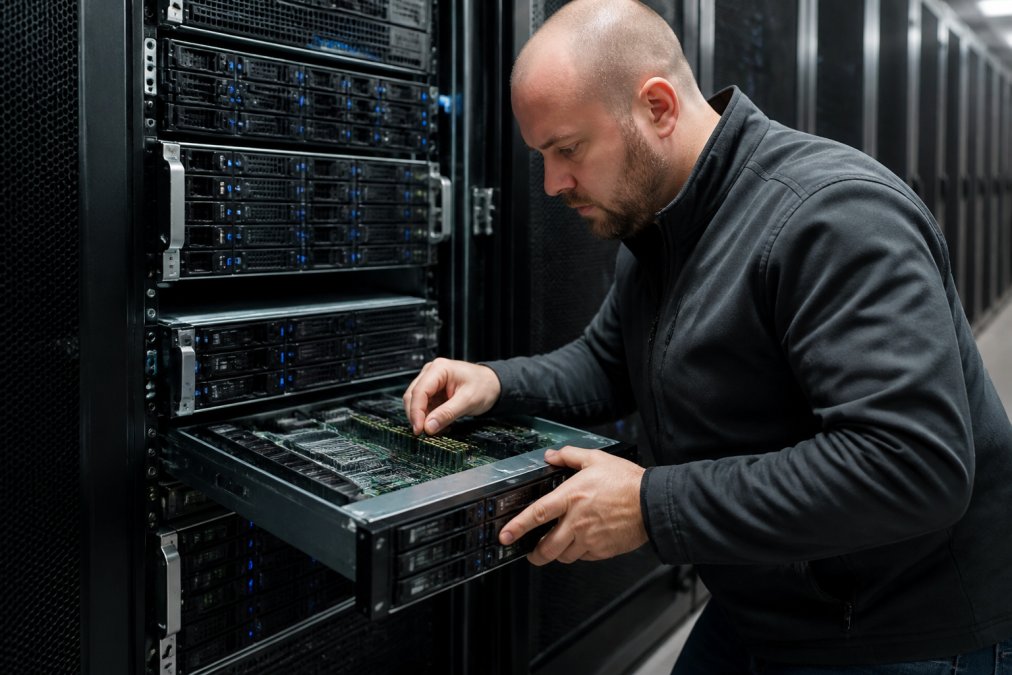 A database administrator in a server room inspecting NVMe storage drives and RAM modules on a rack-mounted server, cool blue indicator lights reflecting on metal chassis