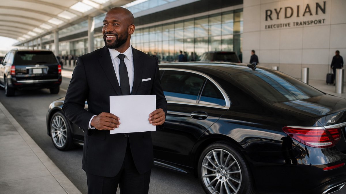 Chauffeur in a suit waiting with a sign for a DFW airport car service pickup at the terminal curb.