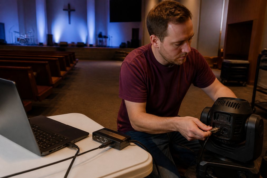 A church tech volunteer connecting a DMX cable from a USB interface to a lighting fixture in a dimly lit sanctuary, with a laptop showing lighting software on a nearby table