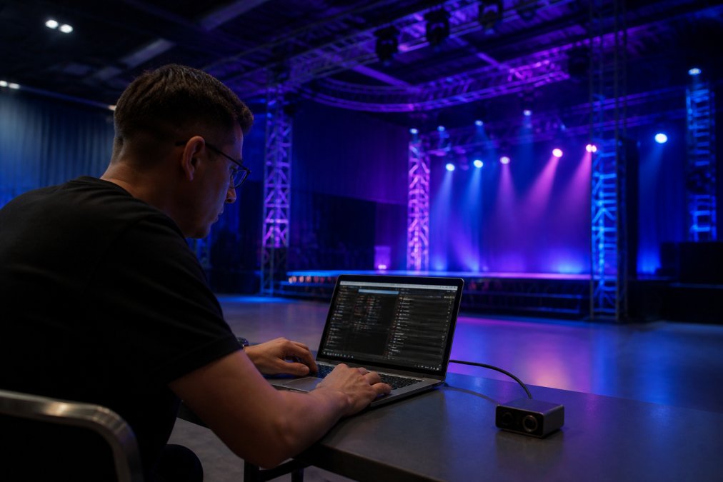 A lighting designer seated at a laptop running DMX software in a dark live event venue, with deep blue and magenta stage wash lights visible behind a truss rig and a USB-DMX interface connected to the laptop's port