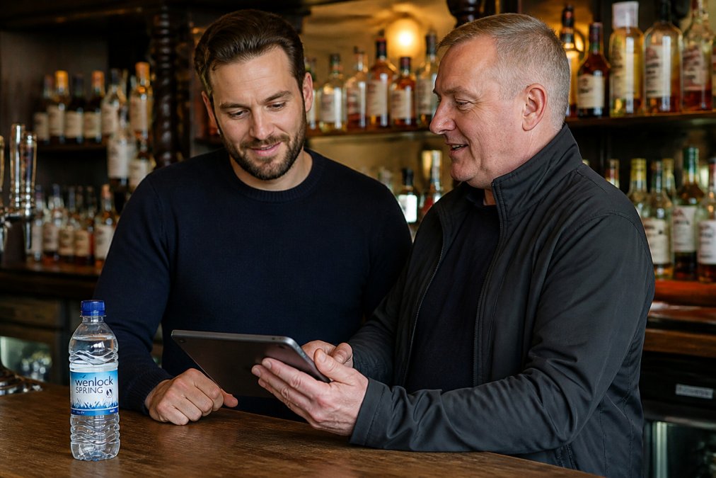A bar owner in conversation with a local wholesaler representative in a traditional pub setting, reviewing a drinks order on a tablet with bottles visible on shelves in the background, warm indoor lighting