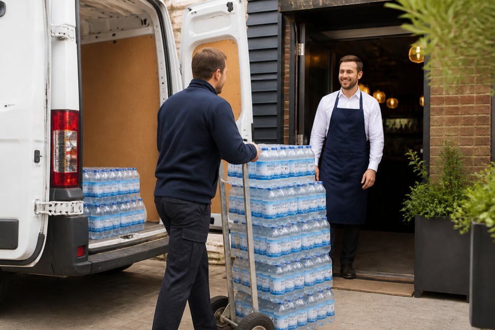 A white van parked outside a restaurant with staff receiving a delivery of premium drinks stock, boxes being unloaded onto a trolley, daytime lighting
