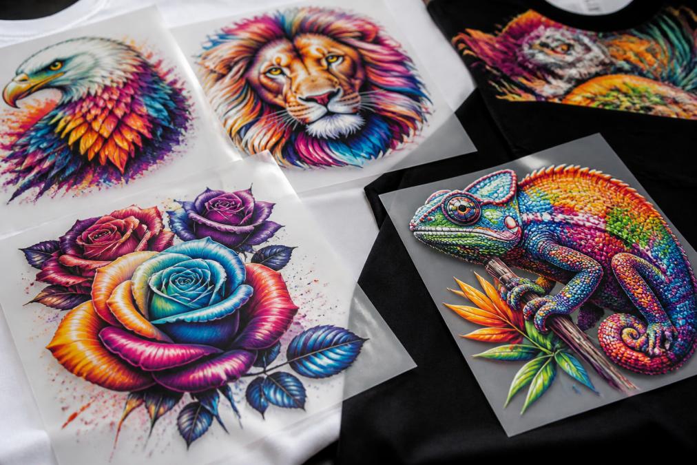 Close-up of multiple vibrant DTF transfer sheets displaying rich multi-coloured designs with fine detail against white and dark fabric samples, showing colour saturation and print quality