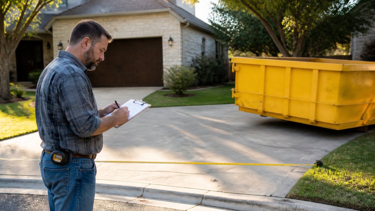 Homeowner checking driveway clearance with a clipboard for dumpster pickup scheduling preparations