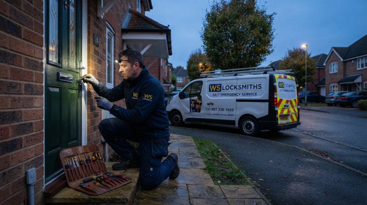 A locksmith in a professional uniform working on a residential front door lock at dusk, with a van parked in the background and tools visible