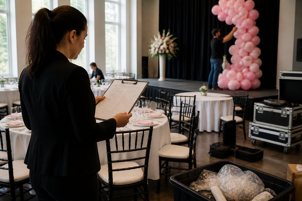 An event planner reviewing a printed checklist on a clipboard while standing in a decorated event venue, with round tables being dressed, balloon arrangements being positioned near a stage, and natural light streaming through tall windows