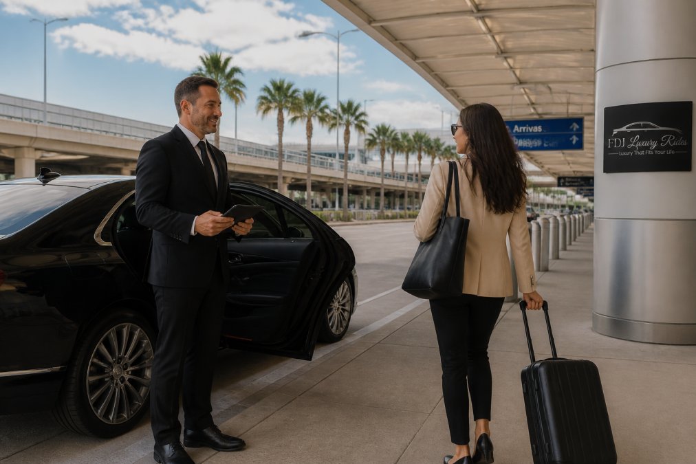 Chauffeur in a suit greets a traveler with luggage for an executive car service at the airport terminal curb