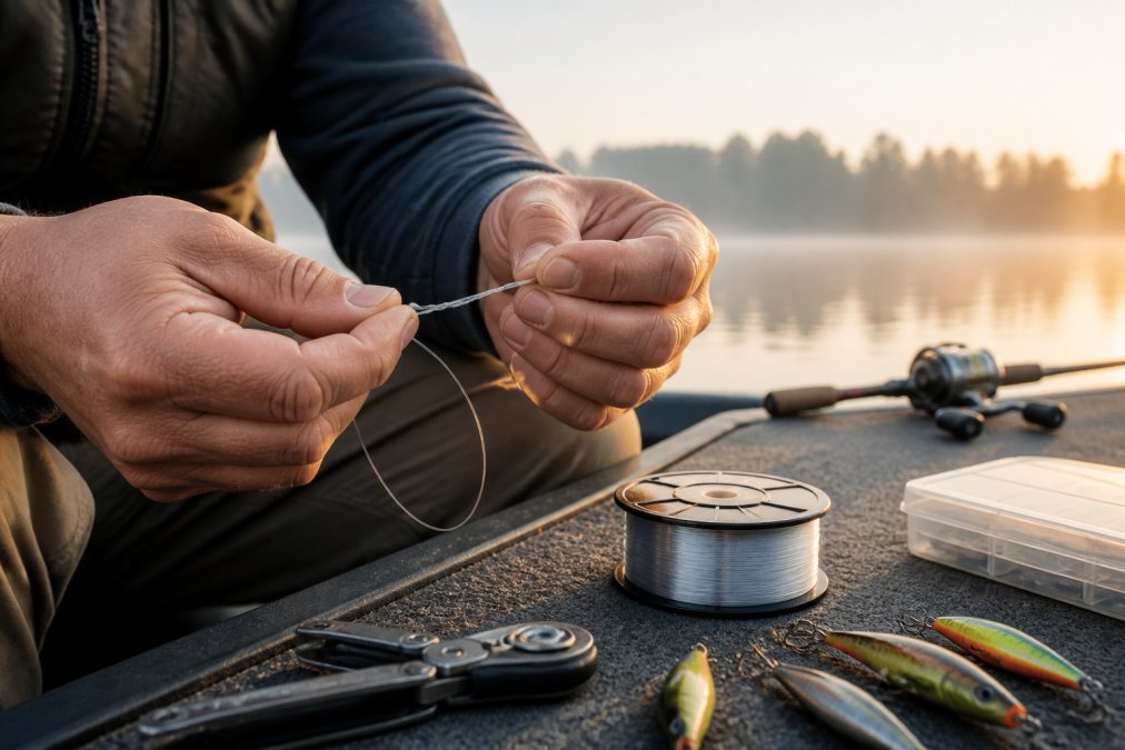 Angler tying a knot with monofilament line as reliable fishing tackle for lake fishing on a boat deck.