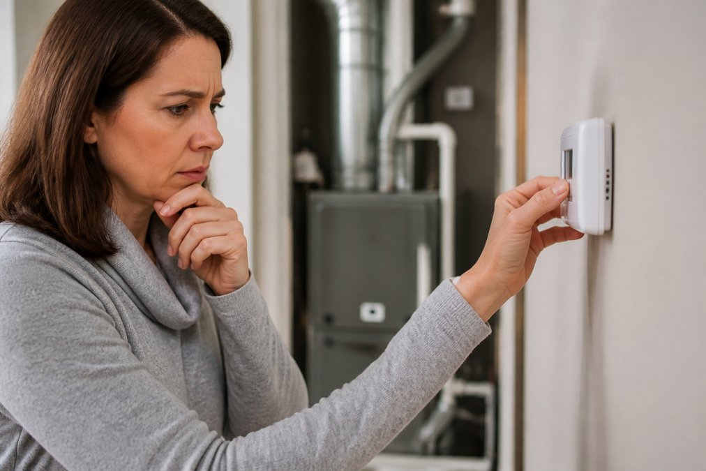 Close-up of a homeowner's hand adjusting a wall thermostat while looking concerned, with a blurred furnace visible in the background