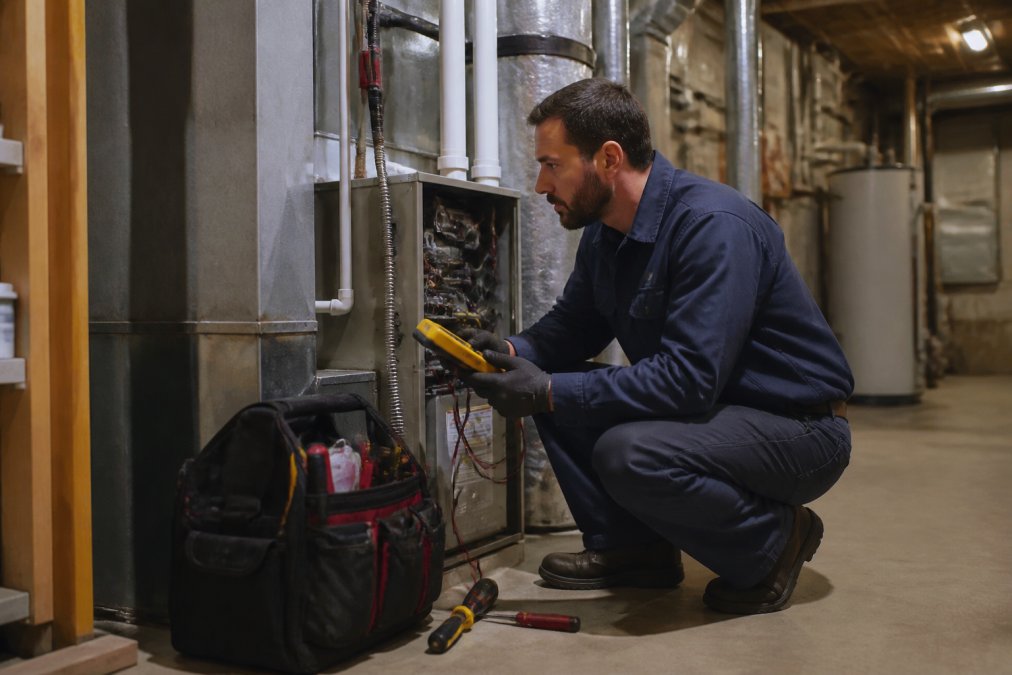 Licensed HVAC technician in uniform inspecting furnace equipment in a residential basement, holding diagnostic tools