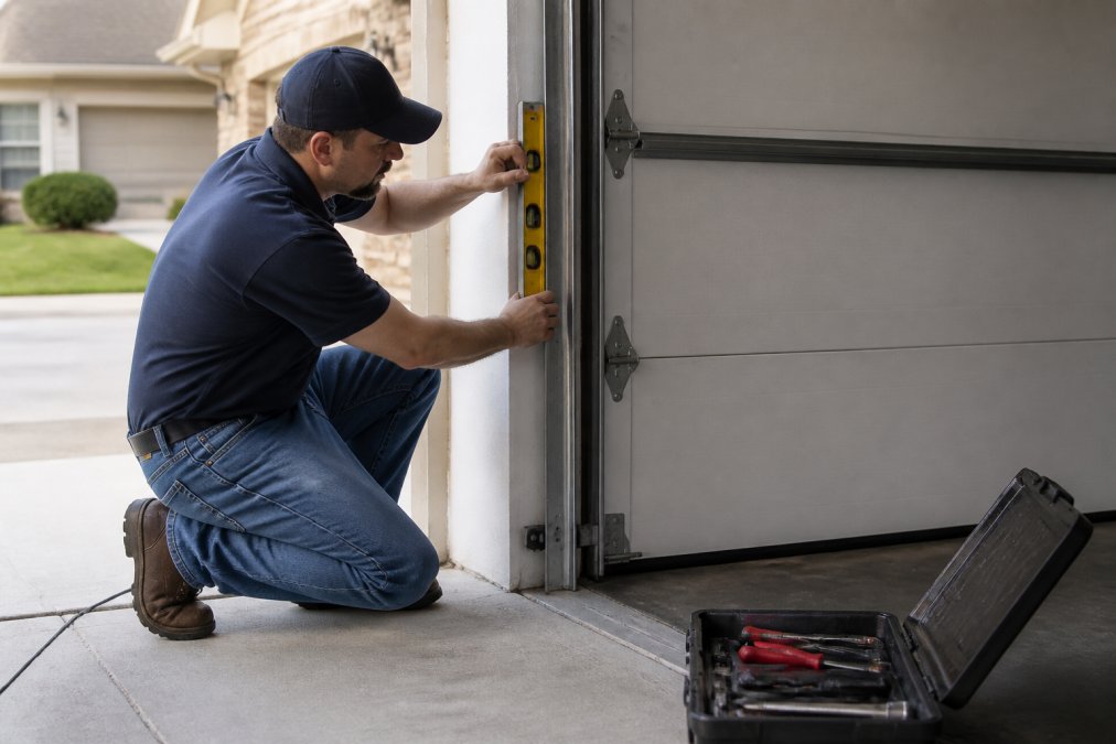 A garage door technician in work clothes kneeling beside a residential garage door track, checking the alignment with a level while a toolbox sits open on the driveway