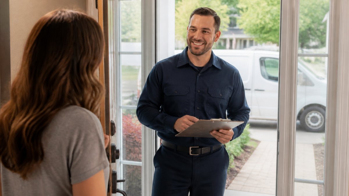 A uniformed handyman in a suburban New Jersey home entryway, clipboard in hand, greeting a homeowner at the door with a service van visible through the window