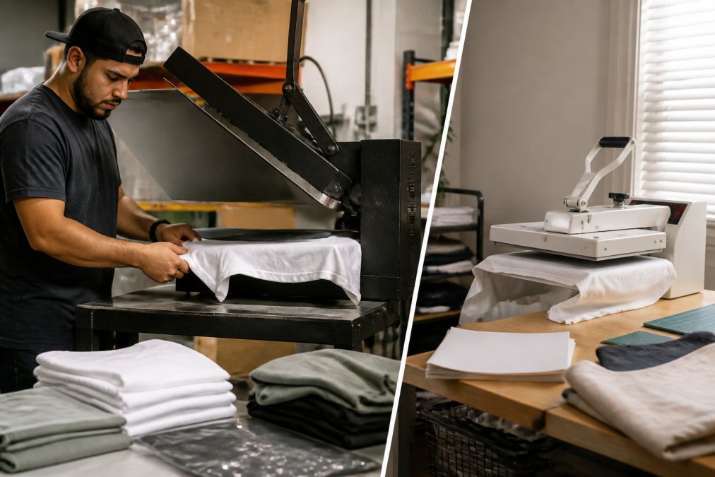Small business owner operating a commercial heat press to transfer designs onto a t-shirt in a studio