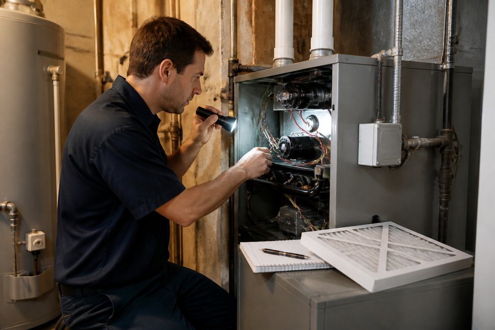 Homeowner inspecting a residential furnace during heating system maintenance with a flashlight and notepad.
