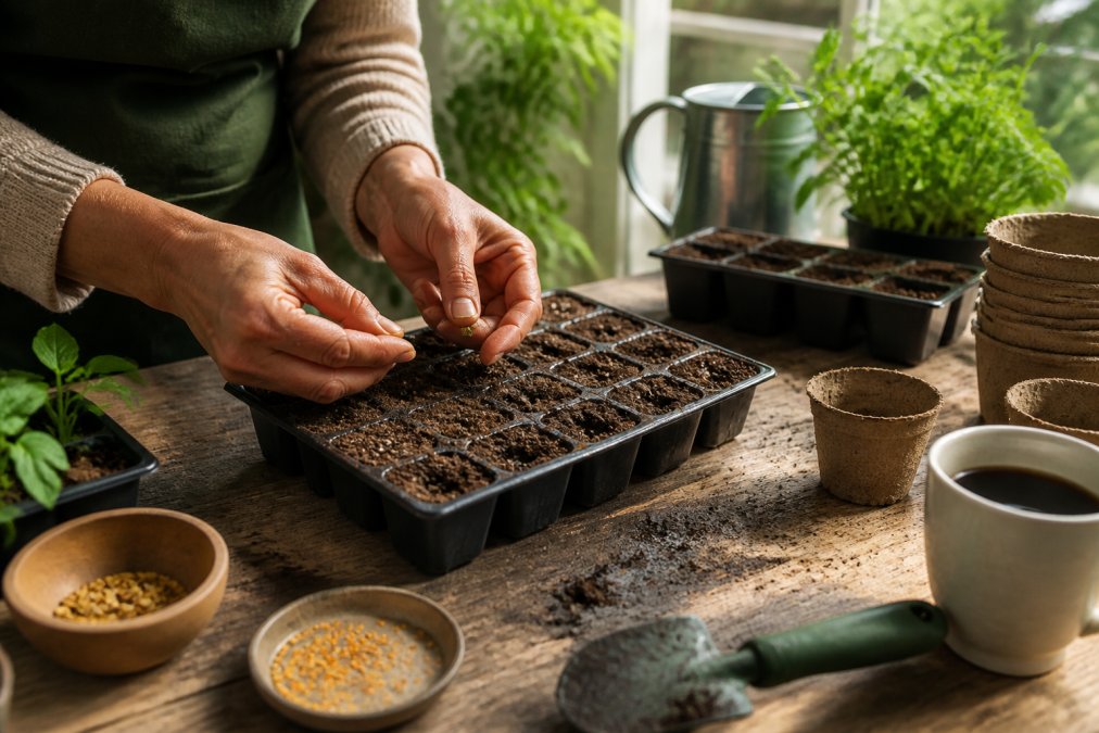 Hands carefully placing small heirloom pepper seeds into seed trays filled with potting soil under warm grow lights in a home greenhouse or sunny windowsill