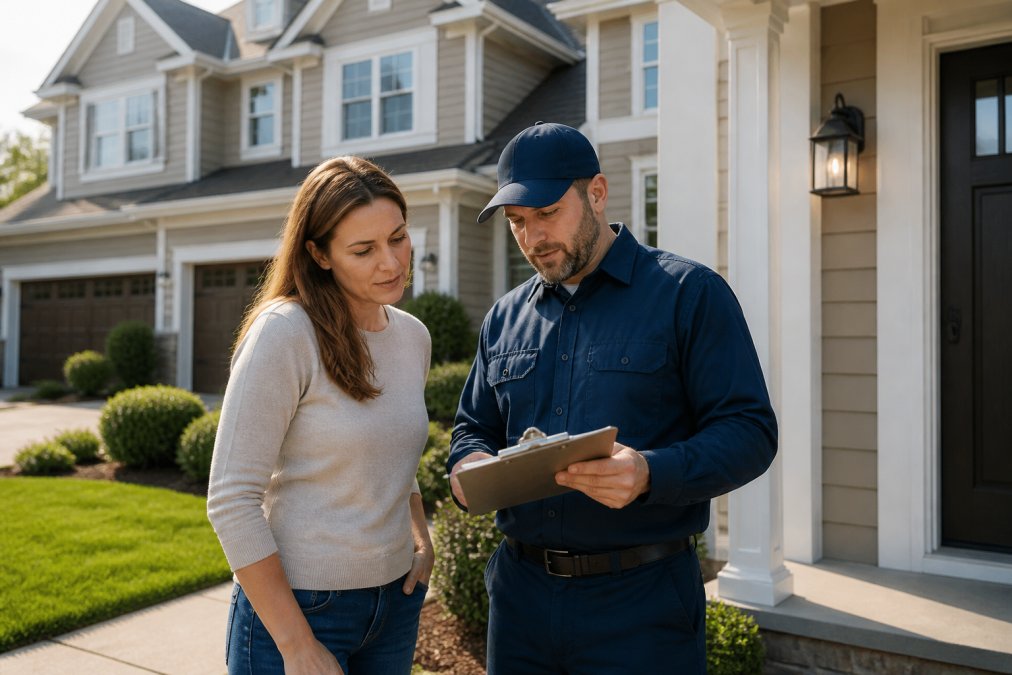 A uniformed professional contractor reviewing a clipboard checklist with a homeowner at the front door of a well-maintained two-story suburban home on a clear morning, both looking at the document together
