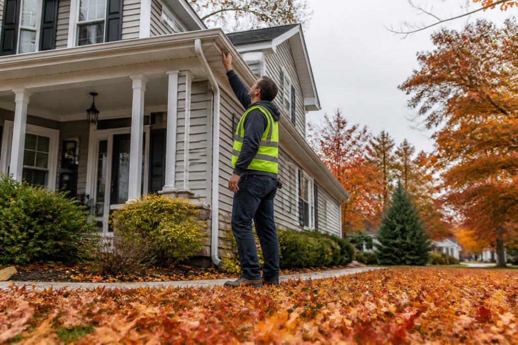 A technician in a safety vest inspecting gutters and exterior trim on a two-story residential home during autumn, with orange and red fallen leaves visible across the front lawn under overcast sky