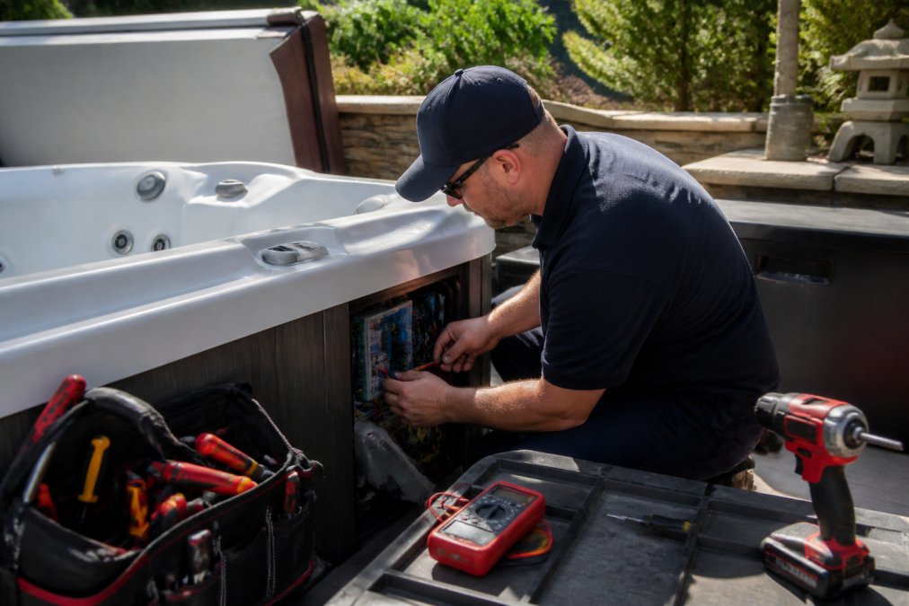 Professional spa technician in work uniform performing on-site inspection of a hot tub control panel with diagnostic tools and testing equipment in daylight