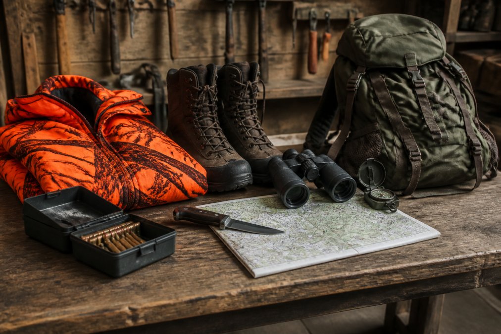 A workbench displaying organized hunting gear including a blaze orange jacket, waterproof boots, binoculars, compass, topographic map, field pack, knife, and ammunition box arranged for inspection