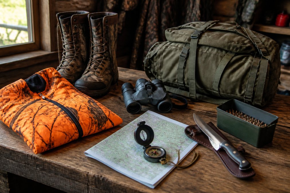 Professional illustration showing workbench and displaying and organized concepts for reliable hunting equipment