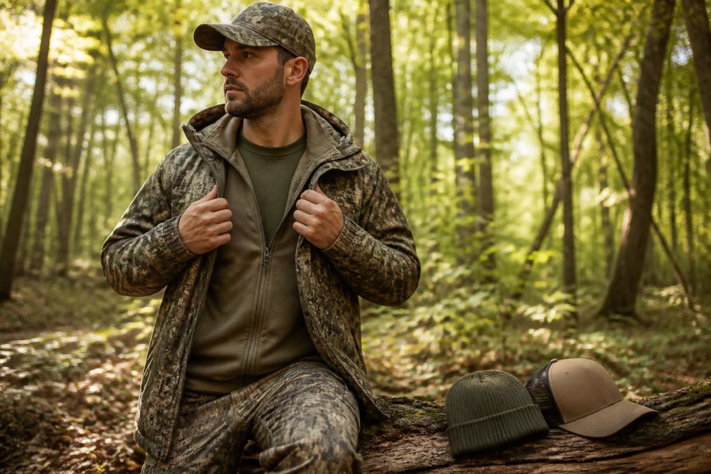 A hunter in a sun-dappled deciduous forest wearing a moisture-wicking base layer under an insulating mid-layer and a camo outer shell, with a beanie and trucker hat resting on a fallen log beside them