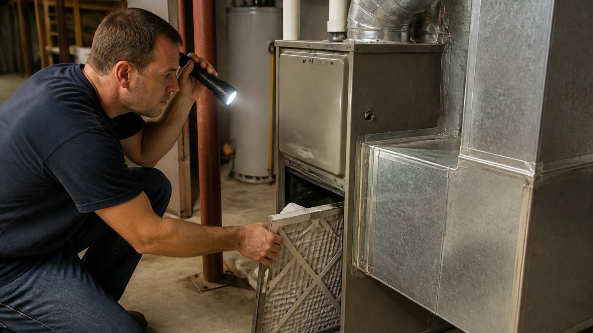 Homeowner in basement examining furnace unit, checking air filter compartment and inspecting visible ductwork connections with flashlight