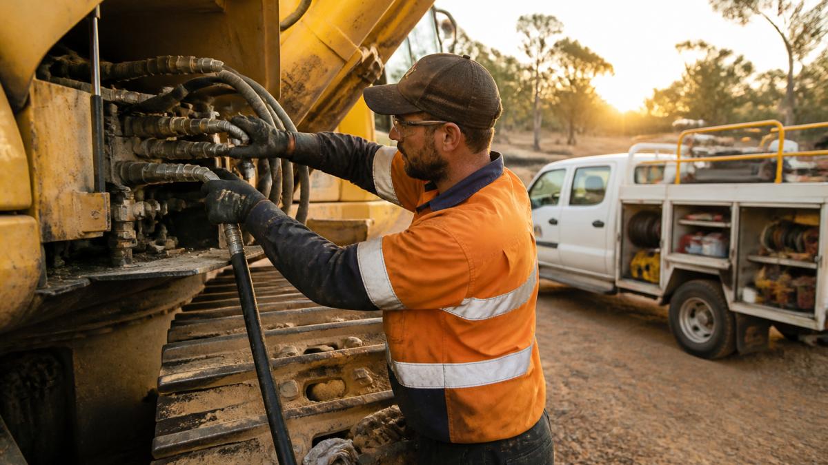 Technician inspecting excavator hoses for hydraulic repair at a rural worksite with a service vehicle nearby