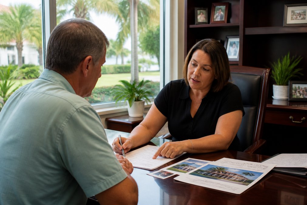 Professional insurance agent reviewing policy documents with a homeowner at a desk in a modern office, with Florida-specific coverage materials visible, natural afternoon lighting through large windows