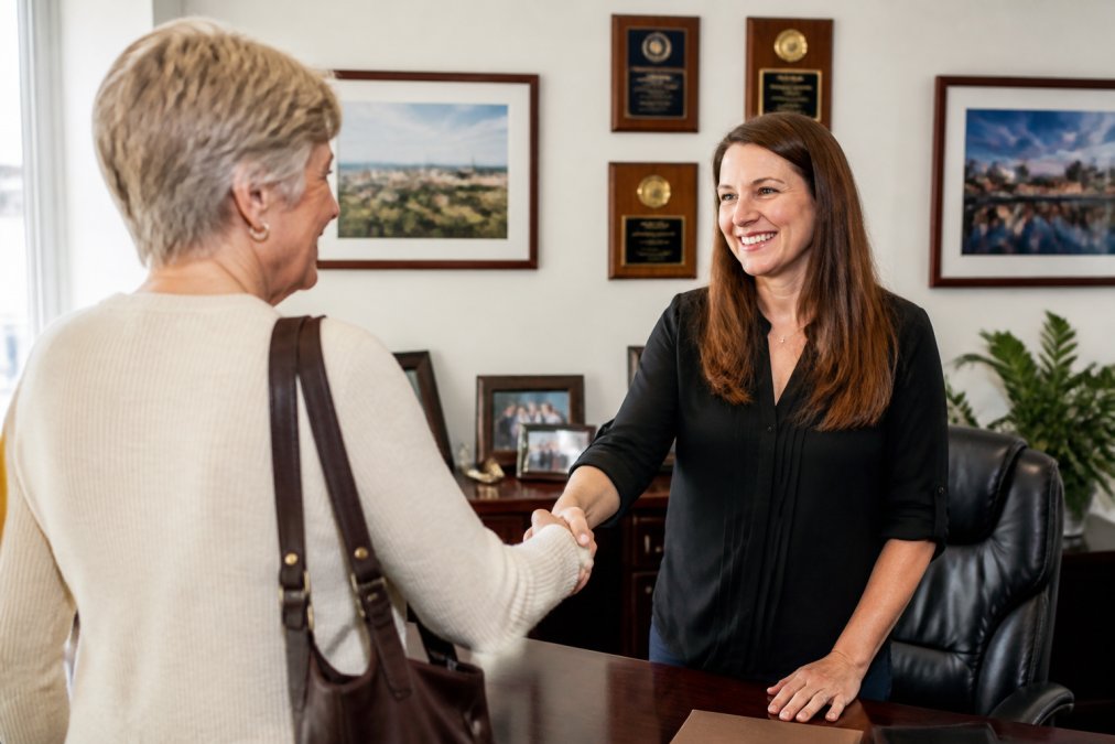 Local insurance agent greeting a returning client in their office, with community awards and photos on the walls, warm professional setting with natural light