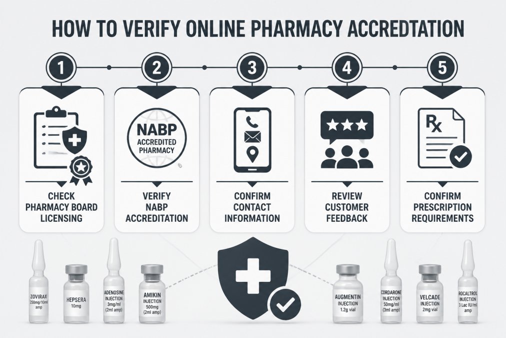Step-by-step verification checklist showing: Check pharmacy board licensing → Verify NABP accreditation → Confirm contact information → Review customer feedback → Confirm prescription requirements