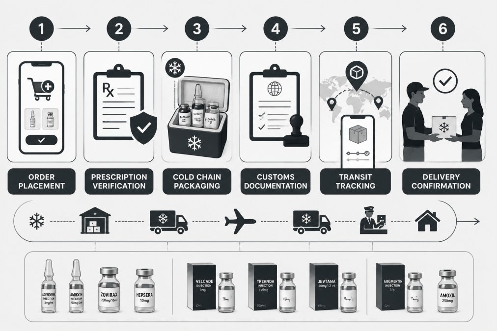 International pharmacy shipping process flowchart: Order placement → Prescription verification → Cold chain packaging → Customs documentation → Transit tracking → Delivery confirmation